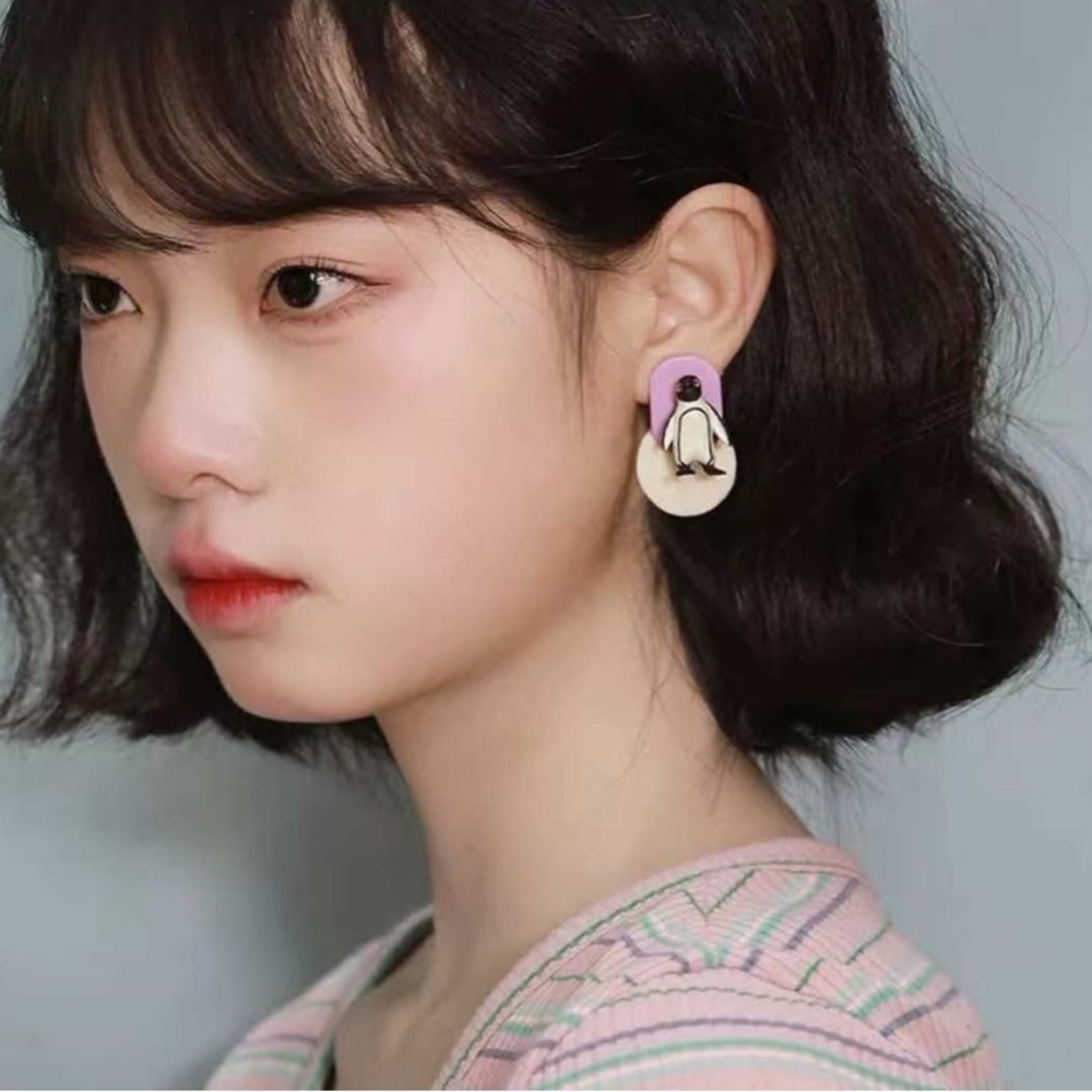 Cute Purple and Cream Penguin Drop Earrings for Women